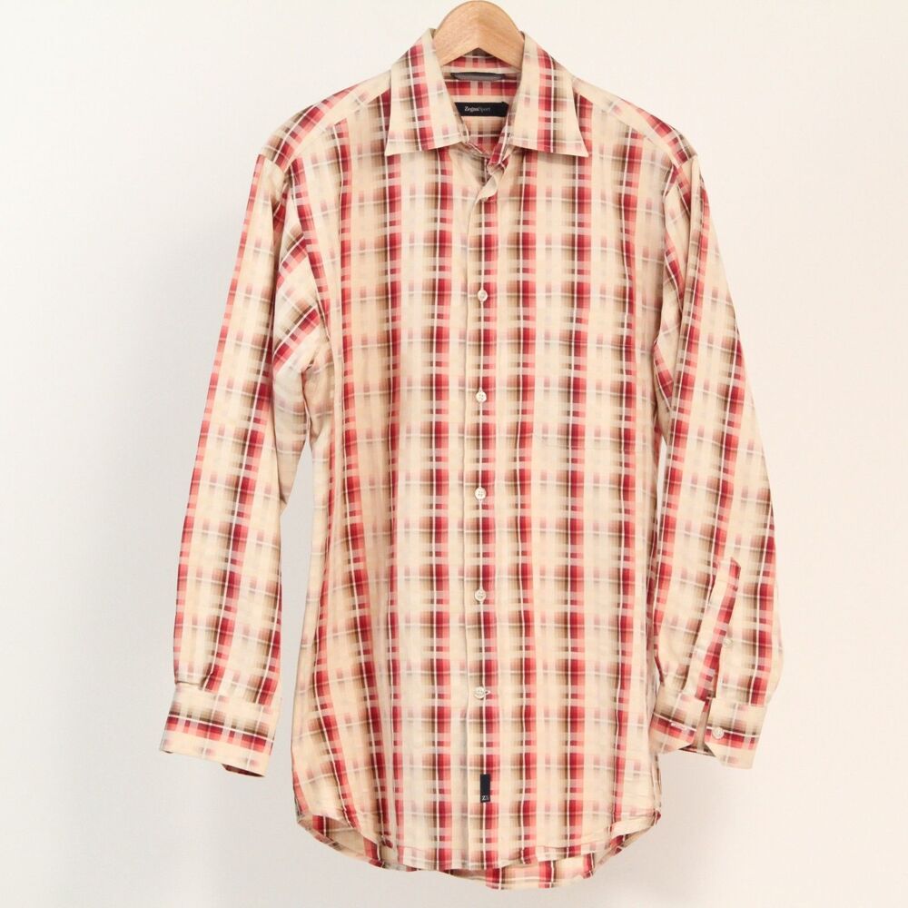 Ermenegildo Zegna Sport Red Multi Plaid Cotton Button Down Shirt, Small